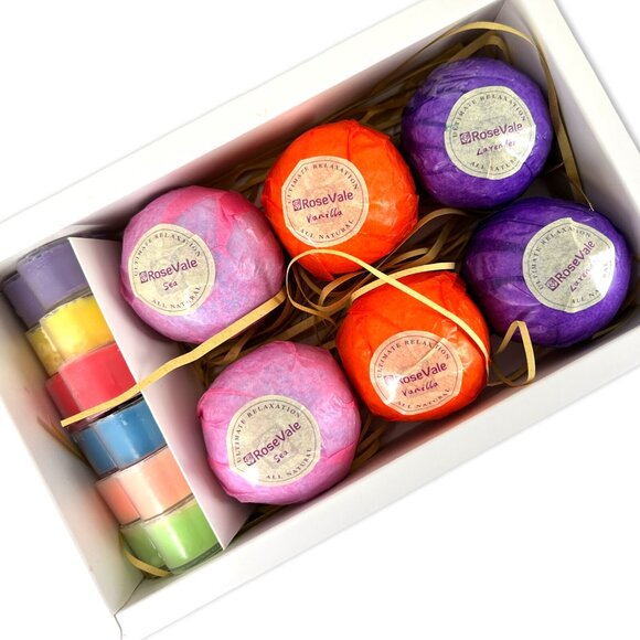 RoseVale Bath Bomb Gift Set 6 Ct + 6 Heart Candles Lavender Vanilla Sea Scents - Picture 3 of 9
